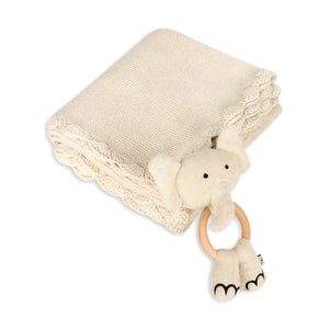 Organic Knit Baby Blanket + Elephant Rattle Gift Set