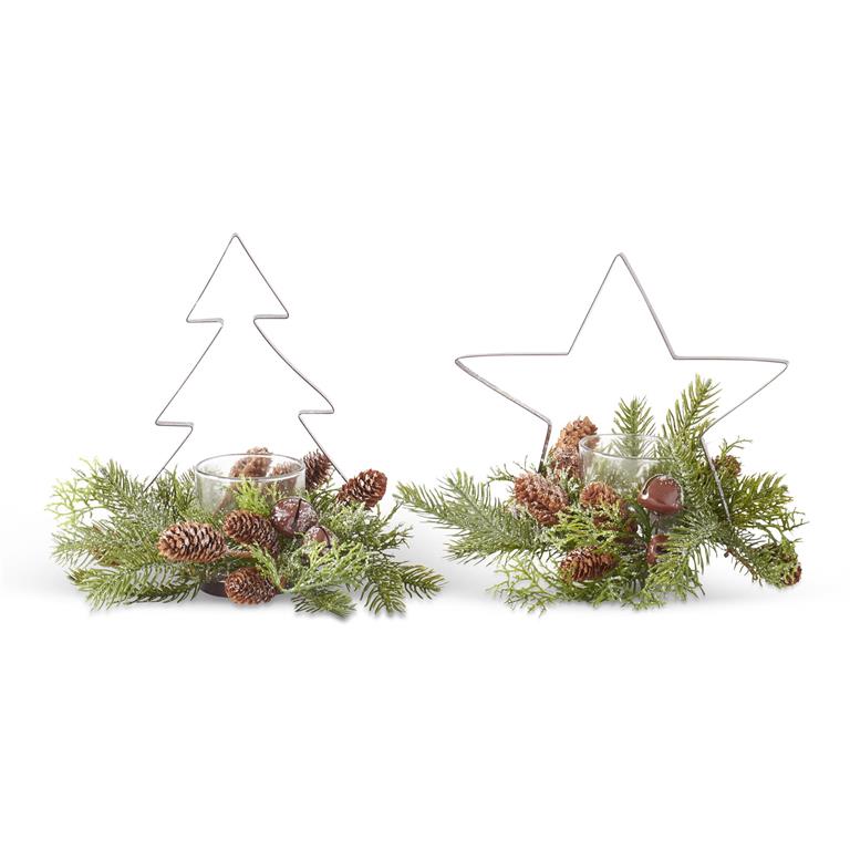 Glittered Pine & Metal Tree/Star Candleholder