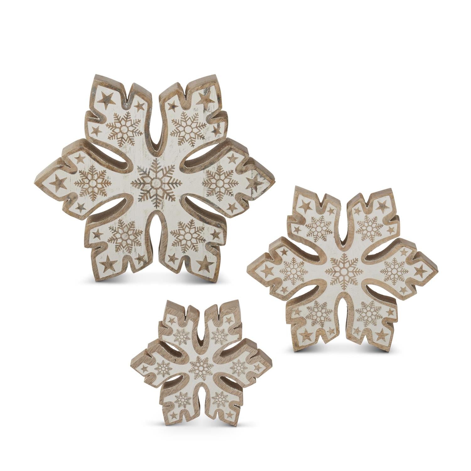 Wood snowflakes with white embossed center