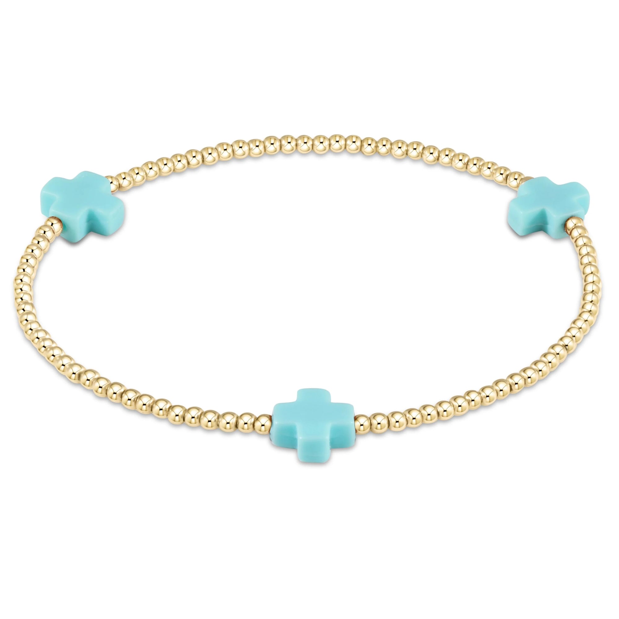 signature cross small gold pattern 2mm bead bracelet - turquoise