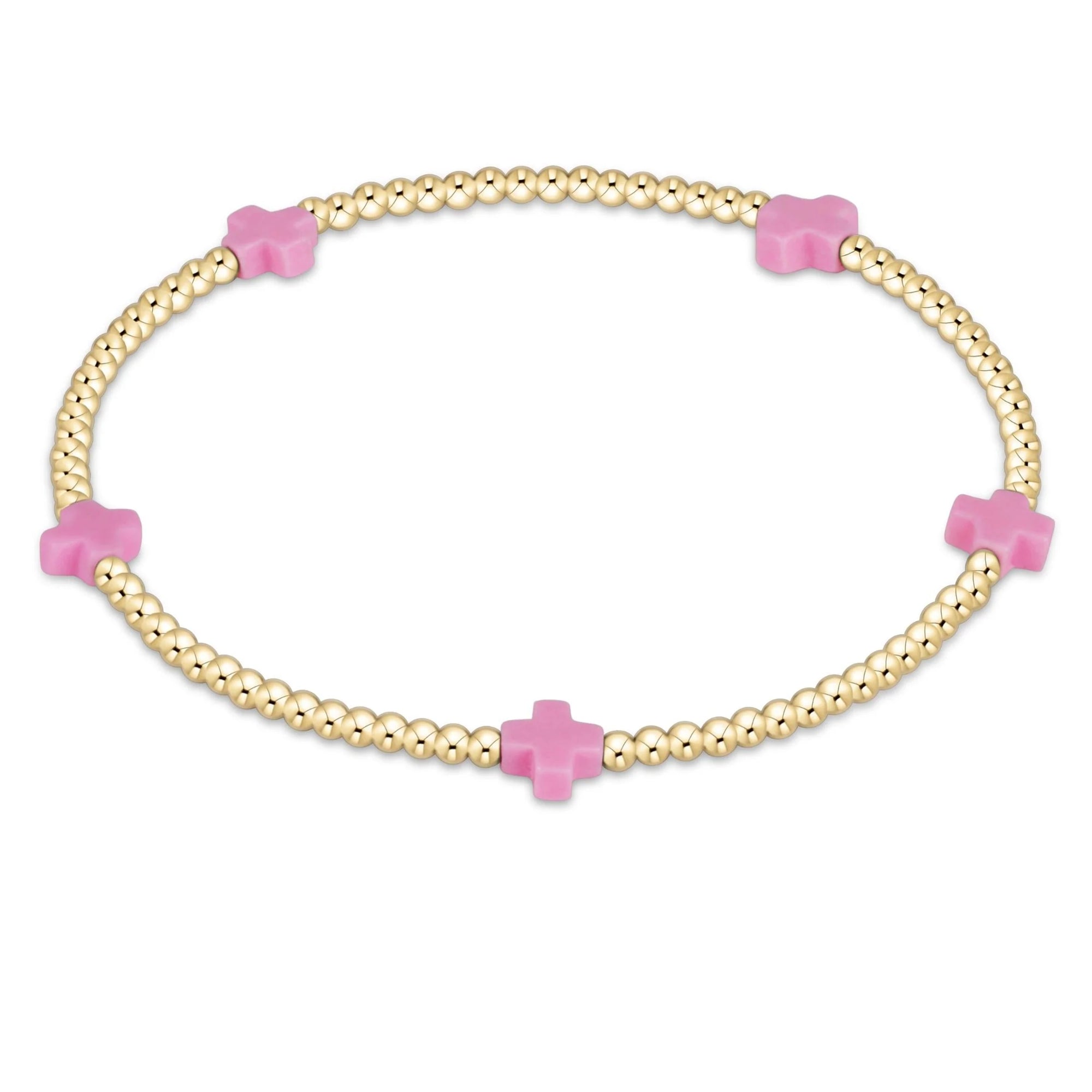 Signature Cross Small Gold 2mm Bead Bracelet - bright pink