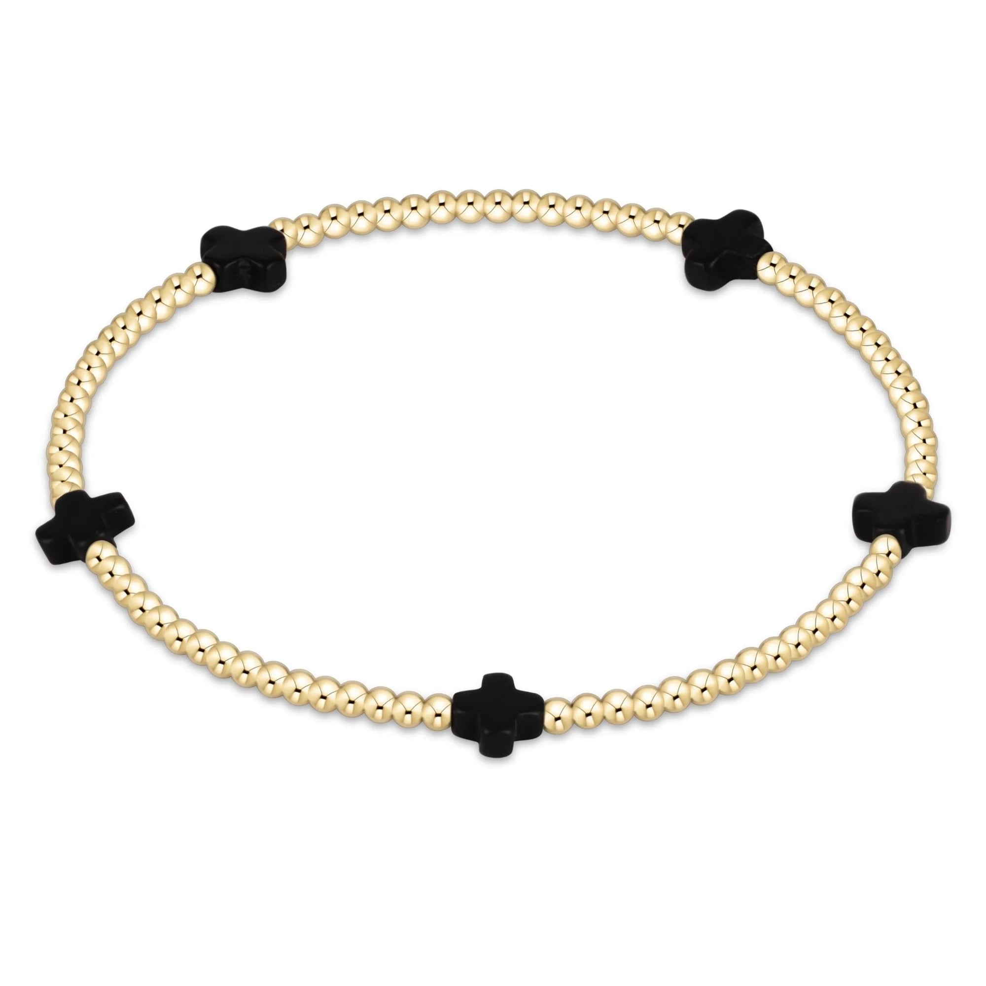 Signature Cross Small Gold 2mm Bead Bracelet - onyx