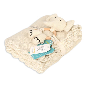 Organic Knit Baby Blanket + Elephant Rattle Gift Set