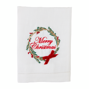 Merry Christmas Wreath Embroidered Tea Towel